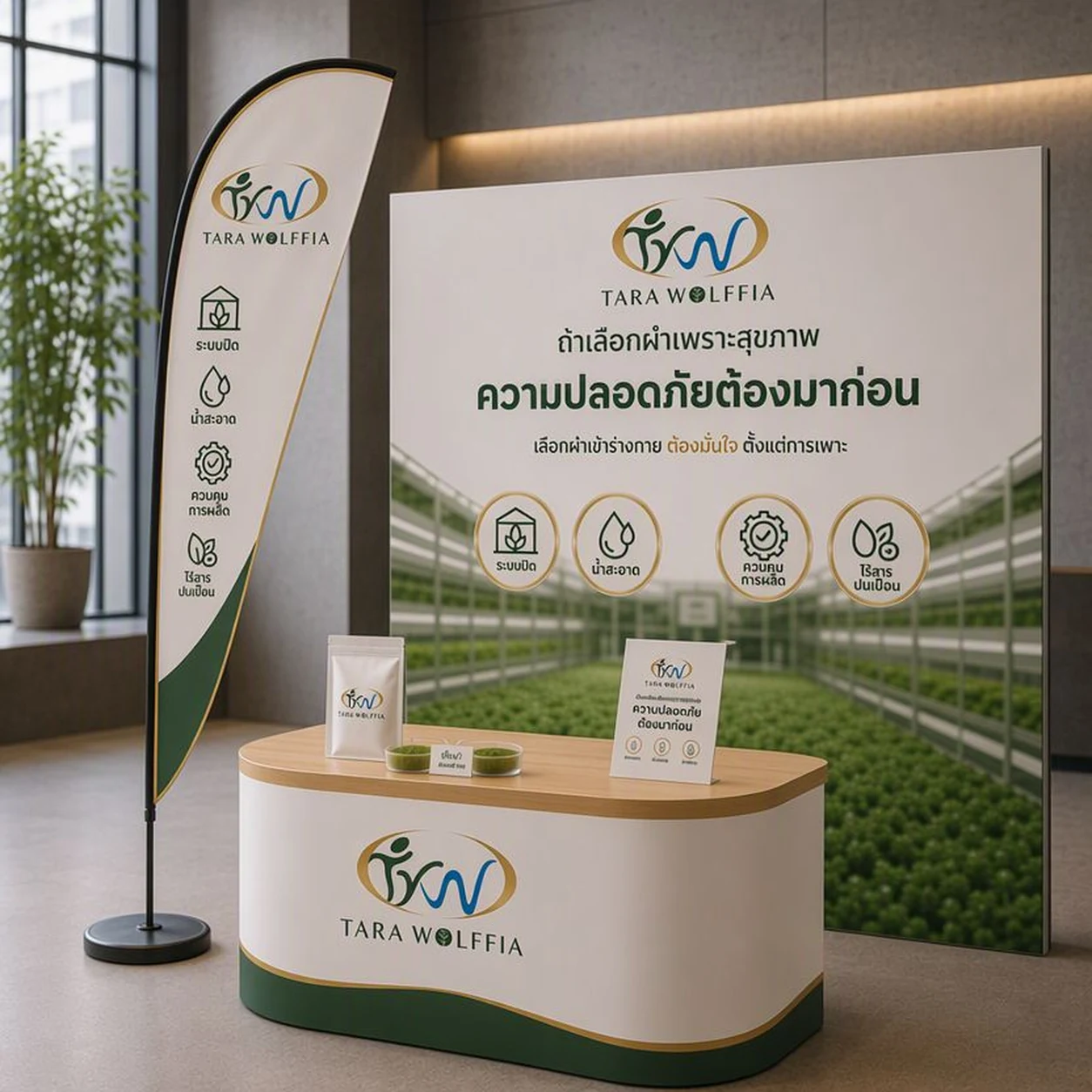 บูธแสดงสินค้าธาราวูล์ฟเฟีย พร้อมธงชายหาดและเคาน์เตอร์วางผลิตภัณฑ์